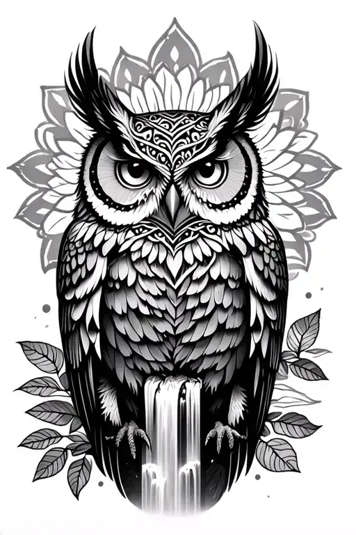 owl,mandala, waterfall tattoo design idea