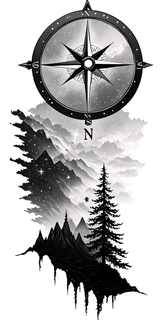 compass with trees and mountains going into stars and galaxy's  tattoo design idea