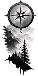 compass with trees and mountains going into stars and galaxy's  tattoo design idea