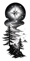 compass with trees and mountains going into stars and galaxy's  tattoo design idea