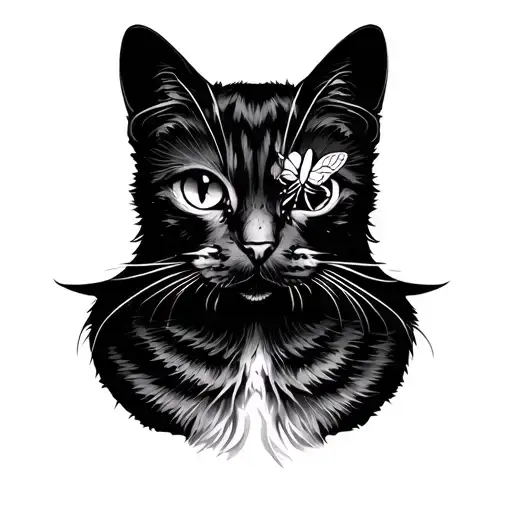 line art of a cat silhouette with a bee on the nose tattoo design idea
