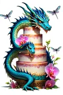 A dragon wrapped around a towering cake, with orchids and dragonflies flying around it tattoo design idea