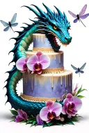 A dragon wrapped around a towering cake, with orchids and dragonflies flying around it tattoo design idea
