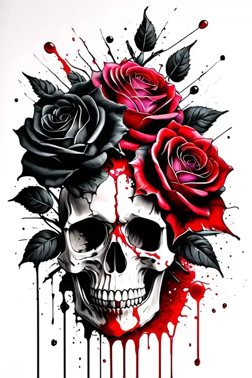 Three black and iridescent roses intertwined around a bloody broken skull tattoo design idea