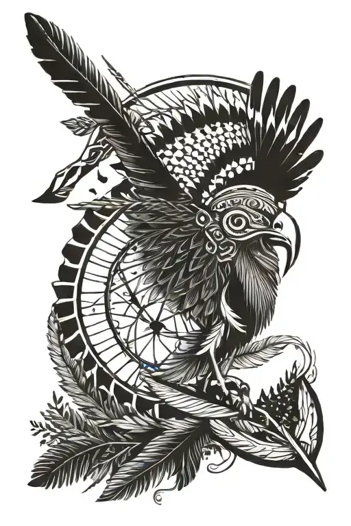 turkey feather, native american arrows, hilly forest, night time moon tattoo design idea