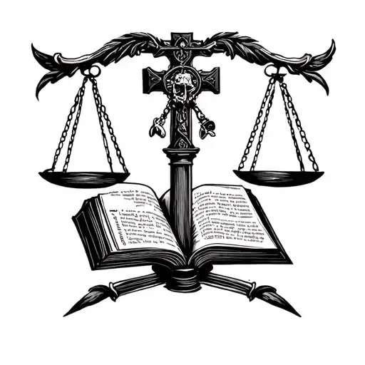 Minimalistic Patch work style latin budded cross scale of justice with knife and bible in the scale  tattoo design idea