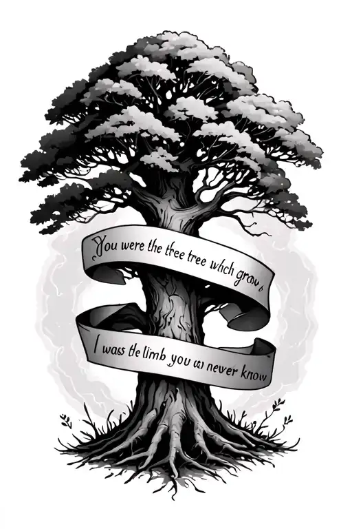 tree with "you were the tree which i grew, i was the limb you never knew" wrapped around th tree tattoo design idea