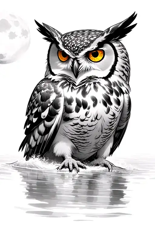 great horned owl with one topaz colored eye and one citrine colored eye, gliding across a moonlit river  tattoo design idea