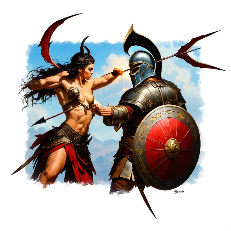 A succubus shoots an arrow at a Spartan soldier, who deflects it with his shield. The arrow goes towards my heart tattoo design idea