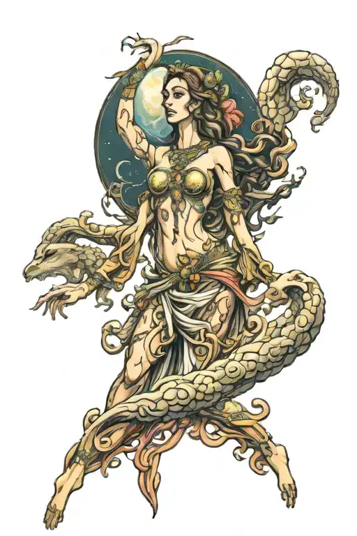wisdom goddess full body standing front facing powerful sexy full moon rising colorful tattoo design idea