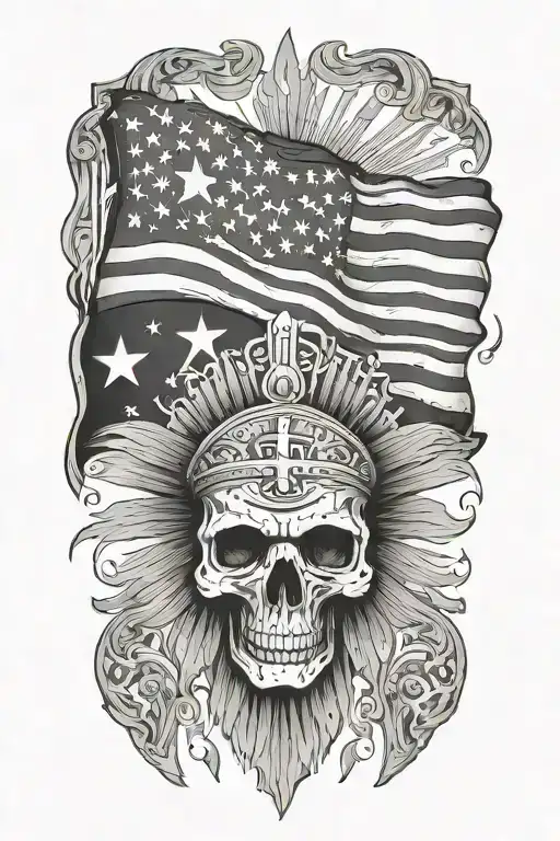 tattered flag, old america, catholic. aztec tattoo design idea