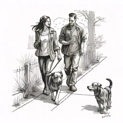 man and women walking down a lane with a one dog tattoo design idea