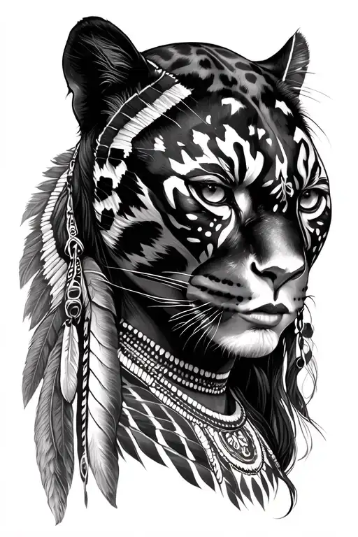 black panther skin on top of native american woman tattoo design idea