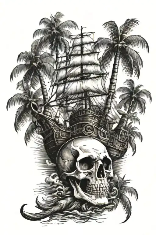pirate ship skull palm trees tattoo design idea