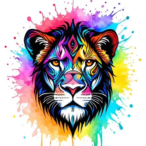 Tribal pattern lioness x right eye. Chalk colour splash rainbow from behind  tattoo design idea