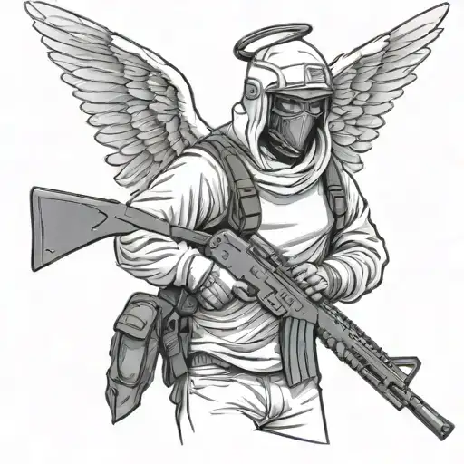angel holding ak47 wearing ski mask tattoo design idea