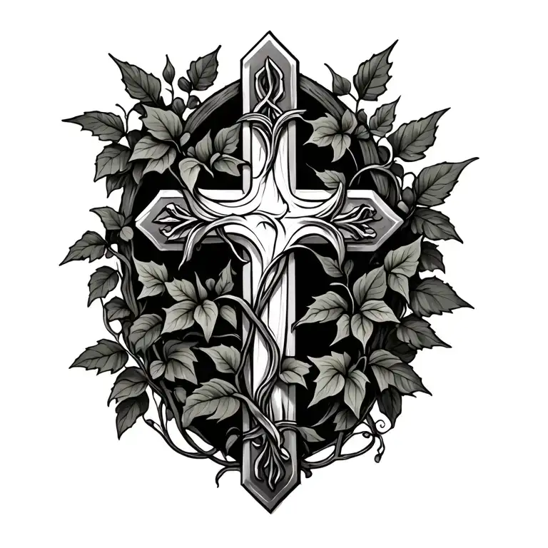 cross and ivy vines wrapped tattoo design idea