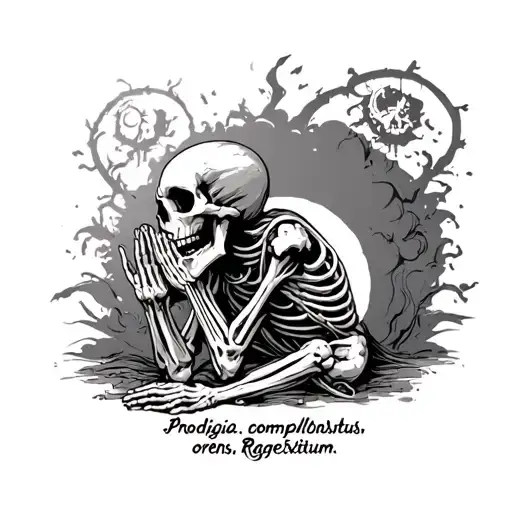 praying skeleton with phrase “Prodigia comploratusSilens, oroRegnet exitium” tattoo design idea