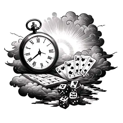 clouds, stopwatch, sunbeam, dice. cards, 1866 tattoo design idea