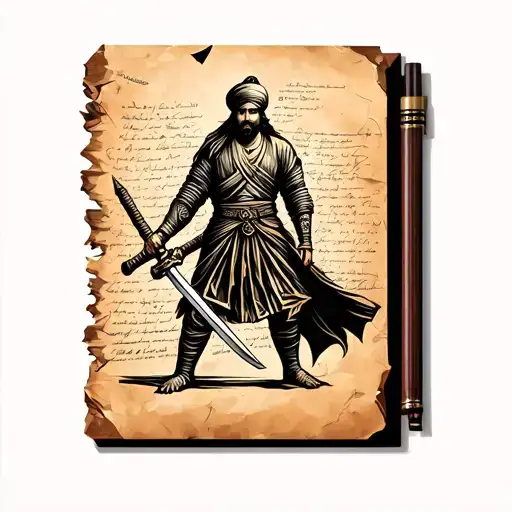 Sikh warrior wielding a sword with old paper with writing on it with a quil and inbox  tattoo design idea