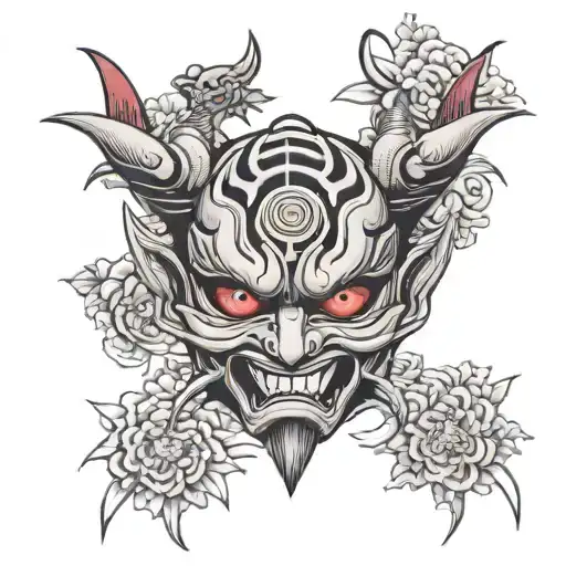 The Japanese Ryomen Sukuna mask with a dark side with a red eye and a light side with a purple eye symbolizes duality. tattoo design idea
