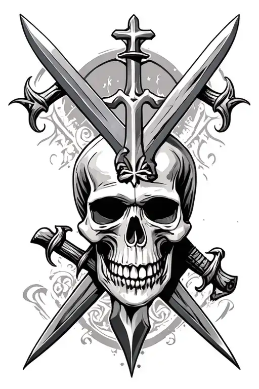 a skull with two swords above its head intertwined forming an X and a cross on top of the swords tattoo design idea