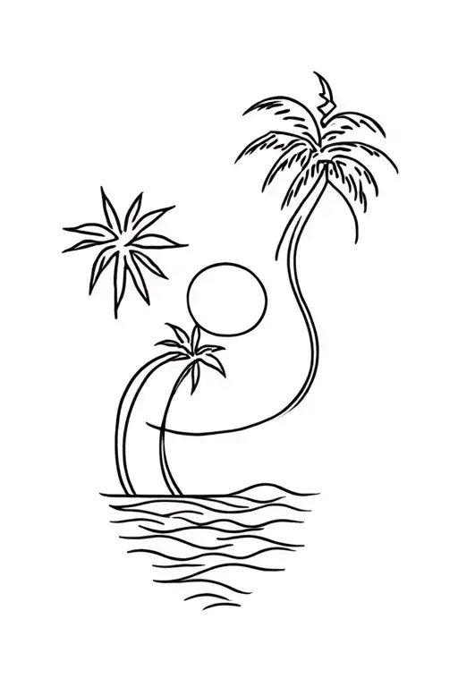 simple single lined tattoo with connected sun, a palm tree and wave tattoo design idea