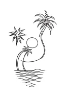 simple single lined tattoo with connected sun, a palm tree and wave tattoo design idea