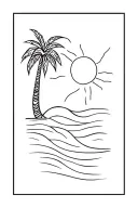 simple single lined tattoo with connected sun, a palm tree and wave tattoo design idea