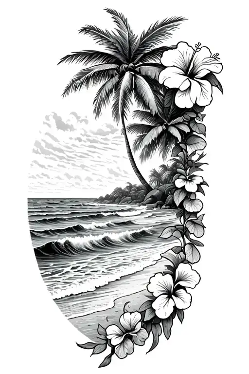 island beach with palm and ocean waves crashing with hibiscus vine on the right side tattoo design idea