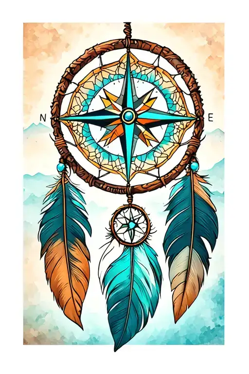 feather" "mountain", "compass" "dream catcher" "turquoise" tattoo design idea