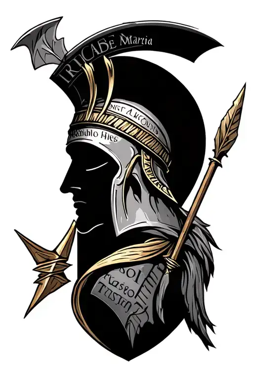 I want a concept tattoo on Greek mytholigia that contains an arrow, sishyphus, spartan, and various phrases tattoo design idea