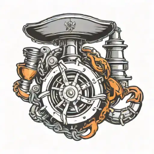 A new-school design featuring a ship engine intertwined with a crab, representing the client's occupation as a marine engineer tattoo design idea