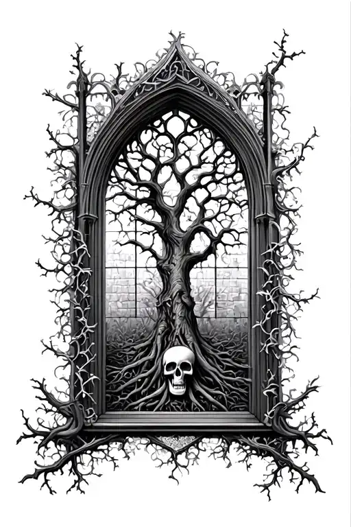 gothic cathedral window view of a family tree and vines and skulls and lace tattoo design idea