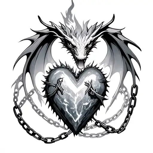 frozen heart bound by chains guarded by a dragon breathing fire tattoo design idea