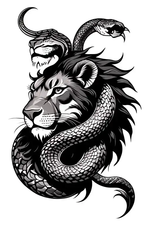Lion and snake combination tribal tattoo black and white tattoo design idea