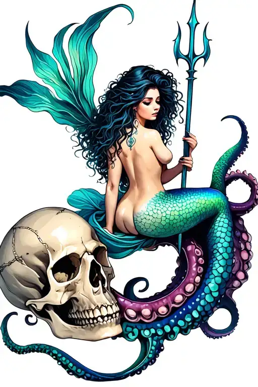 sexy siren mermaid sitting on an octopus skull hybrid holding a trident tattoo design idea