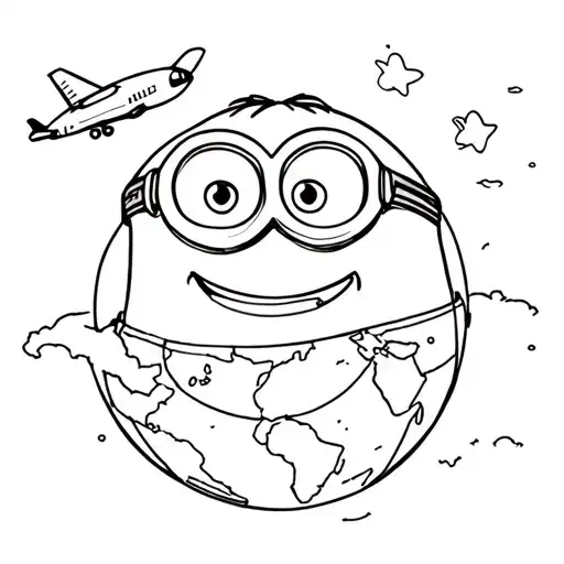 minion happy face with airplane flying over a world tattoo design idea