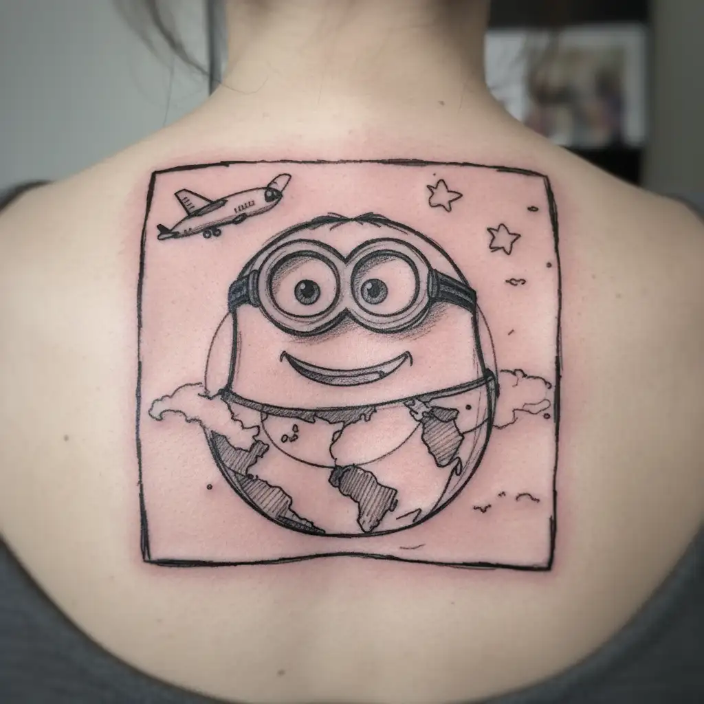 minion happy face with airplane flying over a world tattoo design idea