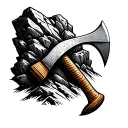 Design a dotwork tattoo of a miner's pickaxe embedded in a rocky mountain face, symbolizing strength and determination tattoo design idea