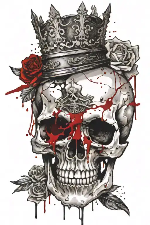 A photo-realistic image of a back tattoo with a skull with a crown with large LSK letters on it tattoo design idea