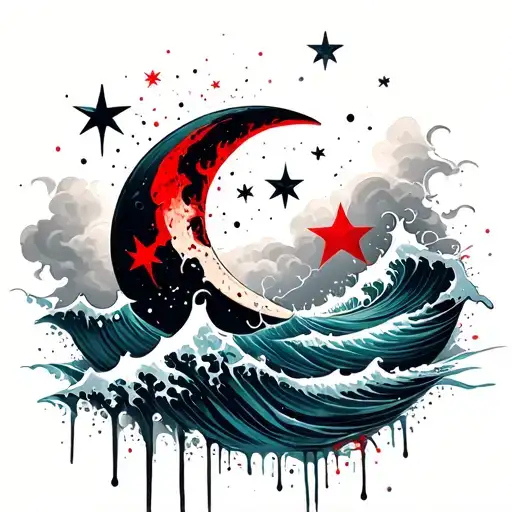 Half Moon stars and a ocean wave like a cloud and a triton immerging  tattoo design idea