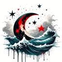 Half Moon stars and a ocean wave like a cloud and a triton immerging  tattoo design idea
