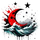 Half Moon stars and a ocean wave like a cloud and a triton immerging  tattoo design idea