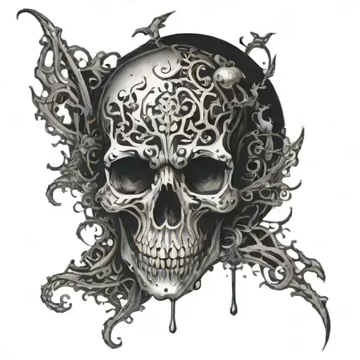 An abstract representation of a classical painting with a dark twist, incorporating elements of horror and gothic design tattoo design idea