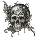 An abstract representation of a classical painting with a dark twist, incorporating elements of horror and gothic design tattoo design idea