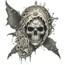 An abstract representation of a classical painting with a dark twist, incorporating elements of horror and gothic design tattoo design idea