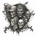 An abstract representation of a classical painting with a dark twist, incorporating elements of horror and gothic design tattoo design idea