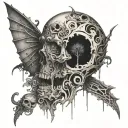 An abstract representation of a classical painting with a dark twist, incorporating elements of horror and gothic design tattoo design idea