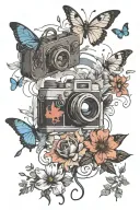 life is strange video game- include camera and butterfly and tornado tattoo design idea